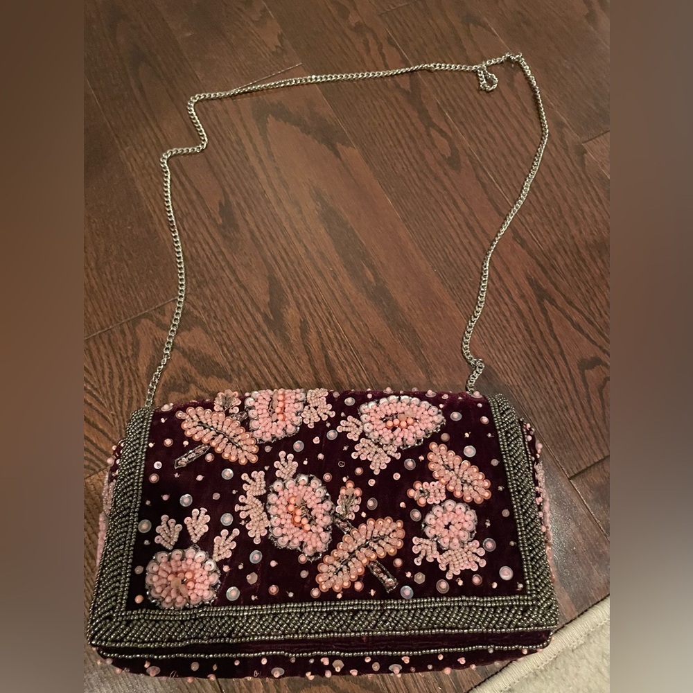 Anthropologie Elegant Floral Embellished Beaded Velvet Clutch